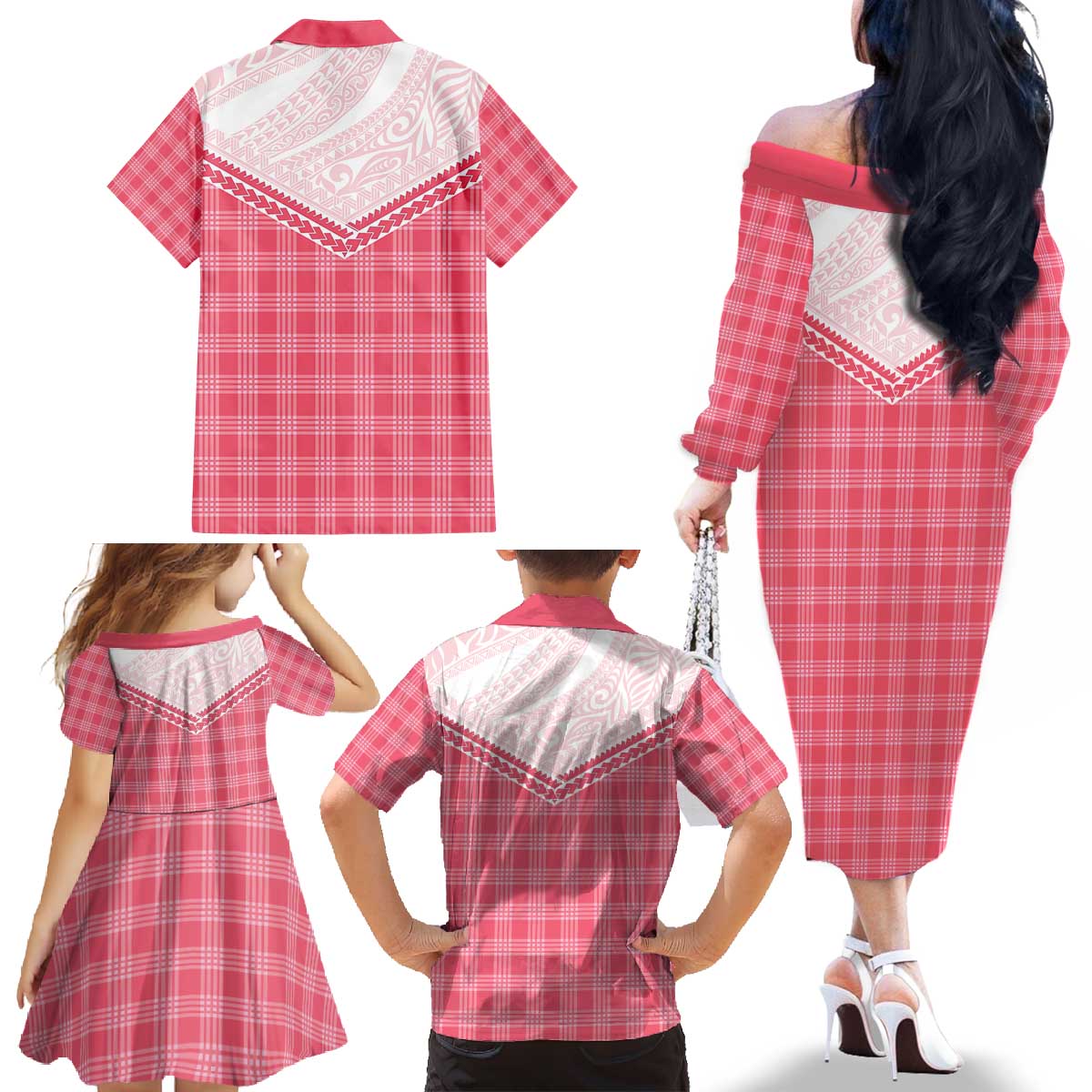 Aloha Hawaii Cowboys Paniolo Family Matching Off The Shoulder Long Sleeve Dress and Hawaiian Shirt Rose Palaka - Polynesian Pride