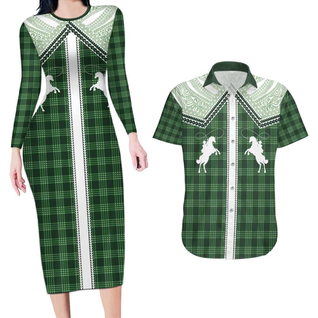 Aloha Hawaii Cowboys Paniolo Couples Matching Long Sleeve Bodycon Dress and Hawaiian Shirt Forest Green Palaka - Polynesian Pride