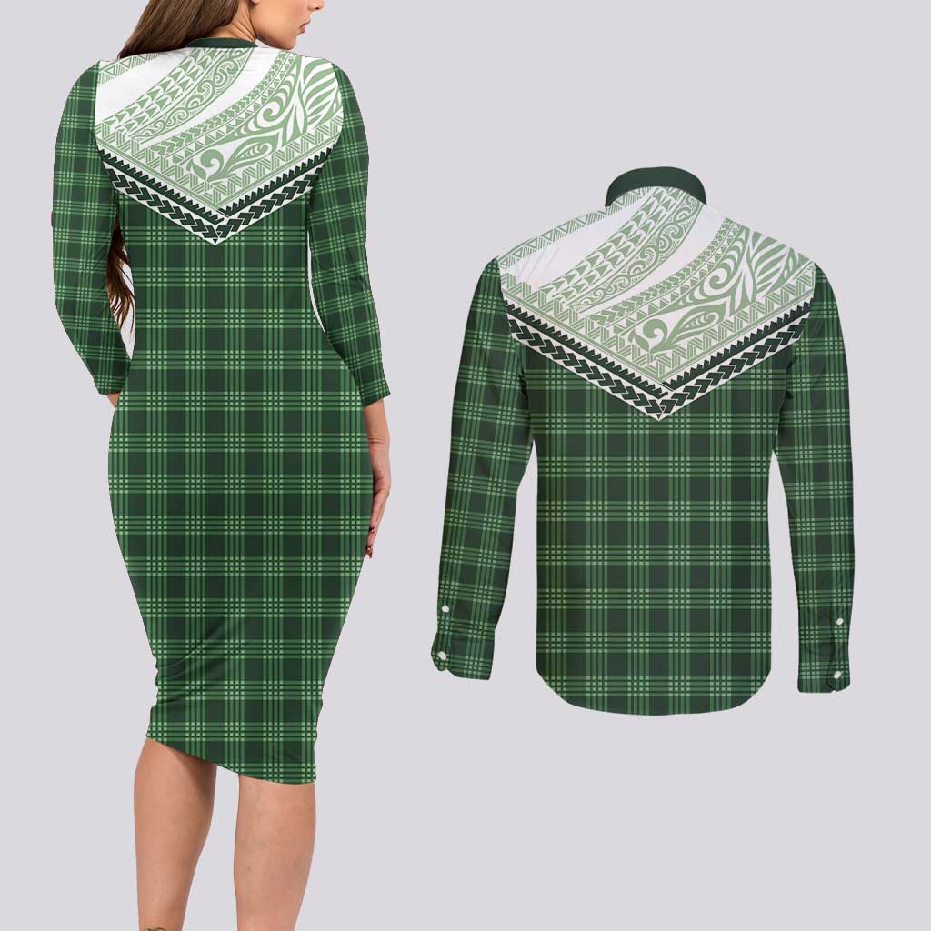 Aloha Hawaii Cowboys Paniolo Couples Matching Long Sleeve Bodycon Dress and Long Sleeve Button Shirt Forest Green Palaka - Polynesian Pride
