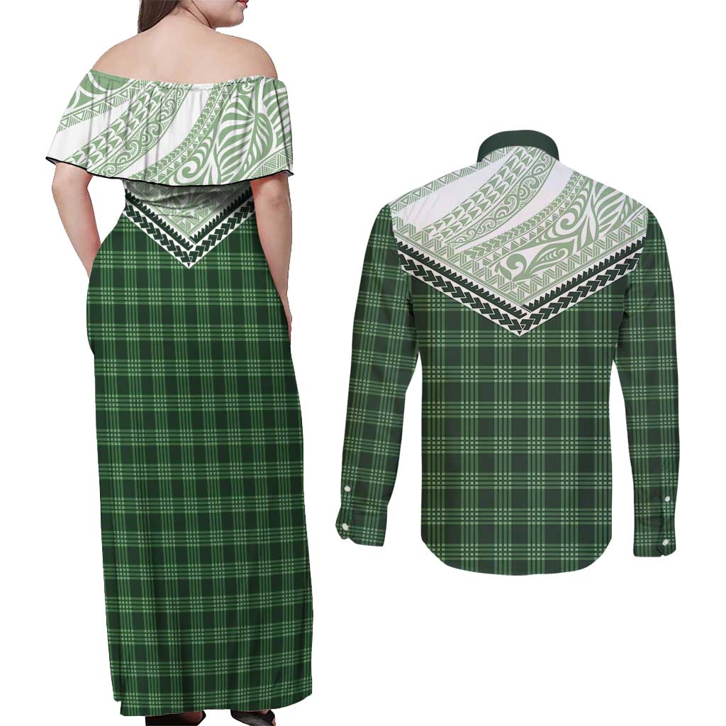 Aloha Hawaii Cowboys Paniolo Couples Matching Off Shoulder Maxi Dress and Long Sleeve Button Shirt Forest Green Palaka - Polynesian Pride