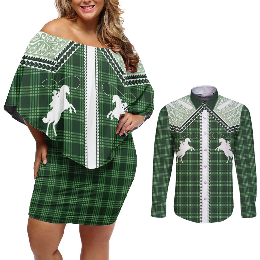 Aloha Hawaii Cowboys Paniolo Couples Matching Off Shoulder Short Dress and Long Sleeve Button Shirt Forest Green Palaka - Polynesian Pride