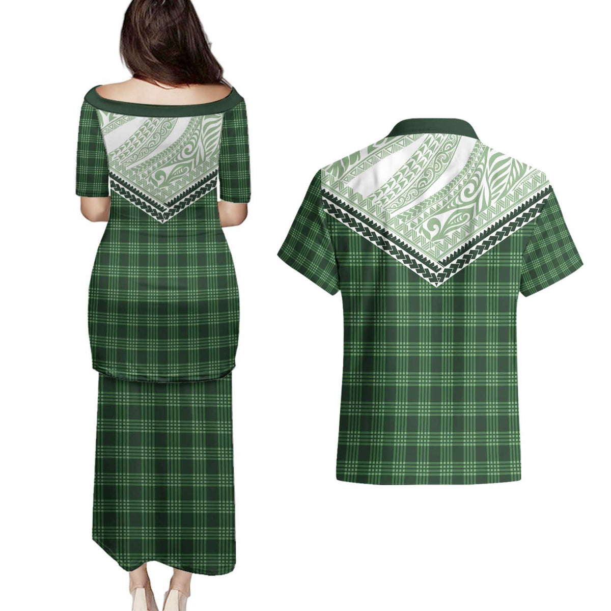 Aloha Hawaii Cowboys Paniolo Couples Matching Puletasi and Hawaiian Shirt Forest Green Palaka - Polynesian Pride