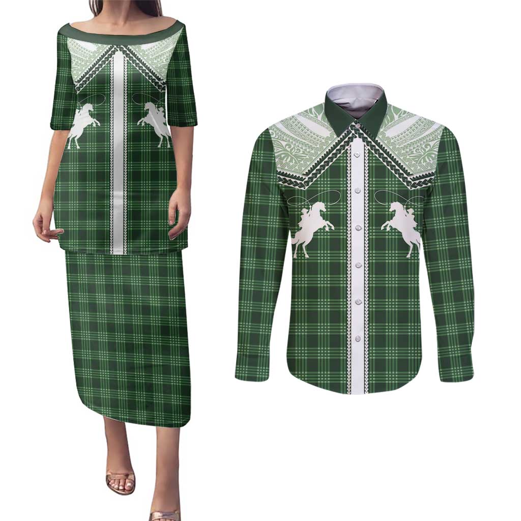 Aloha Hawaii Cowboys Paniolo Couples Matching Puletasi and Long Sleeve Button Shirt Forest Green Palaka LT7 Dark Green - Polynesian Pride