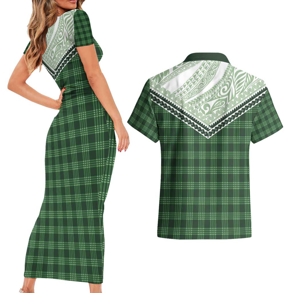 Aloha Hawaii Cowboys Paniolo Couples Matching Short Sleeve Bodycon Dress and Hawaiian Shirt Forest Green Palaka - Polynesian Pride