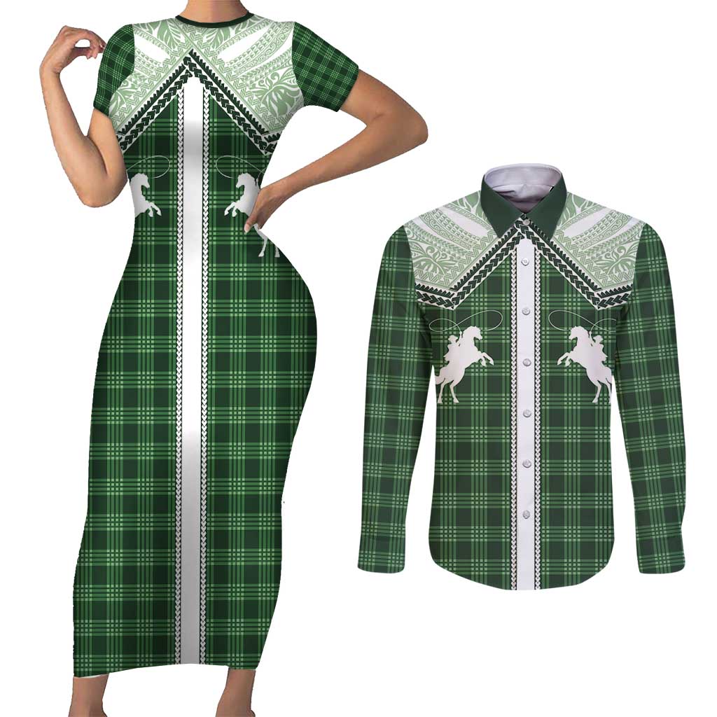 Aloha Hawaii Cowboys Paniolo Couples Matching Short Sleeve Bodycon Dress and Long Sleeve Button Shirt Forest Green Palaka - Polynesian Pride
