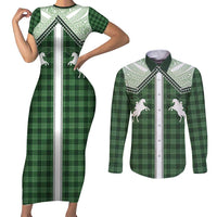 Aloha Hawaii Cowboys Paniolo Couples Matching Short Sleeve Bodycon Dress and Long Sleeve Button Shirt Forest Green Palaka - Polynesian Pride