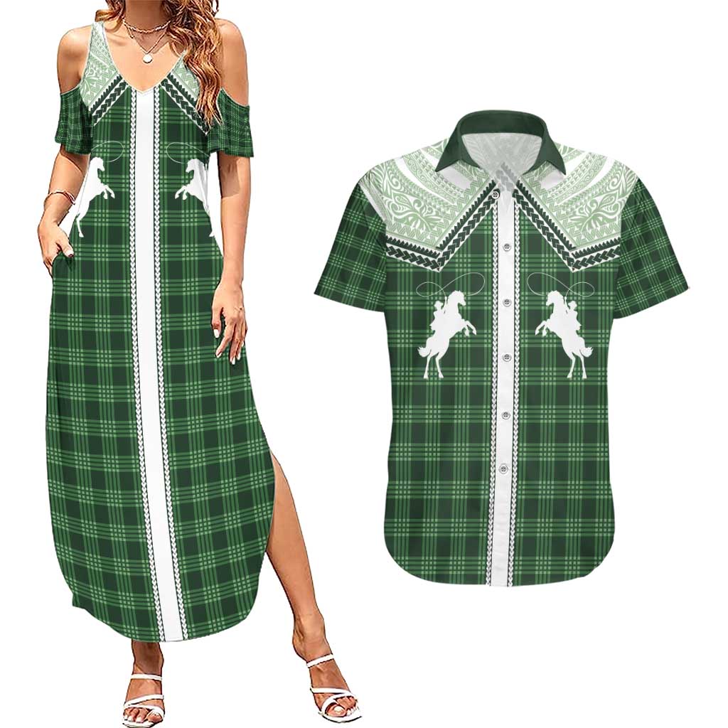 Aloha Hawaii Cowboys Paniolo Couples Matching Summer Maxi Dress and Hawaiian Shirt Forest Green Palaka - Polynesian Pride