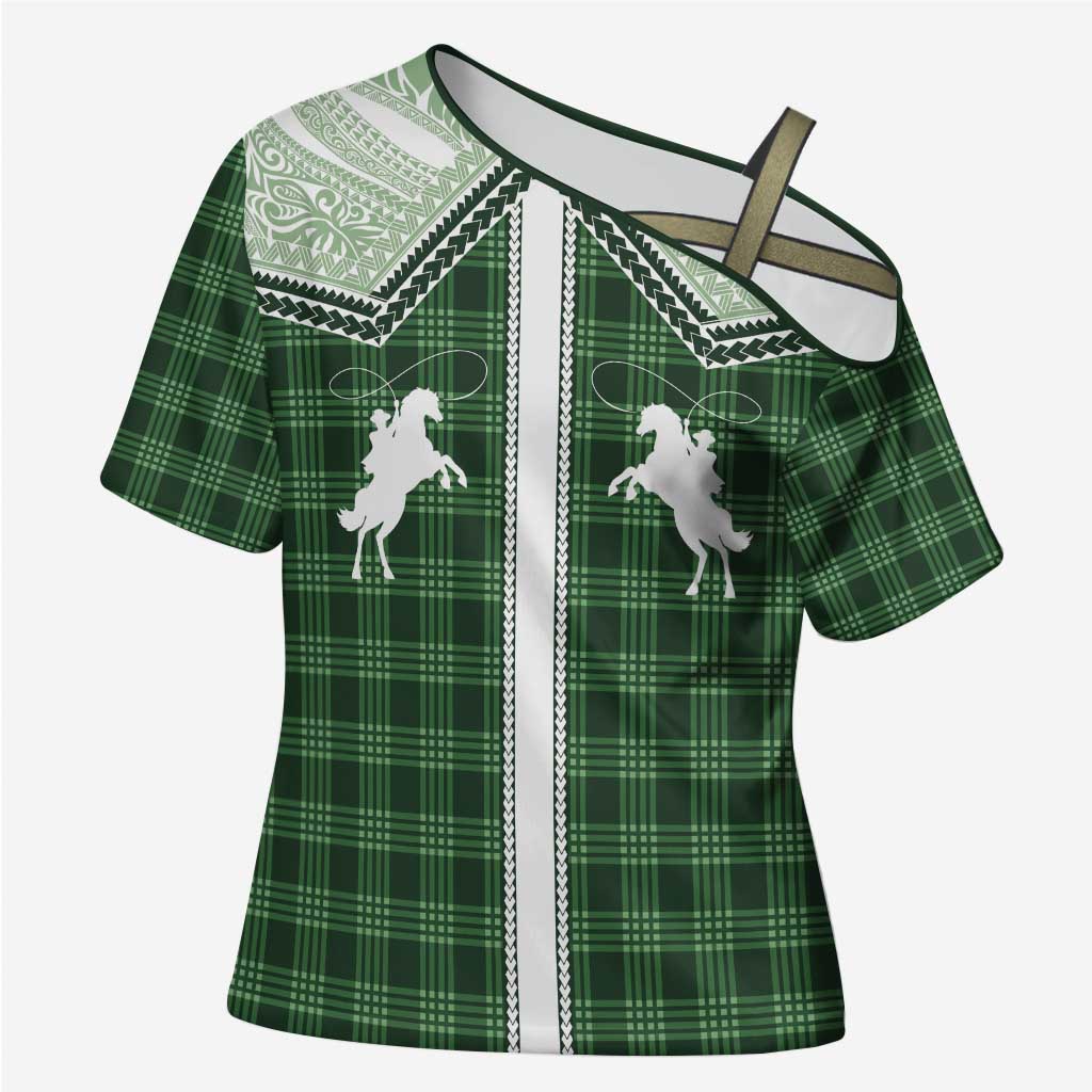Aloha Hawaii Cowboys Paniolo Cross Shoulder Shirt Forest Green Palaka LT7 Female Dark Green - Polynesian Pride
