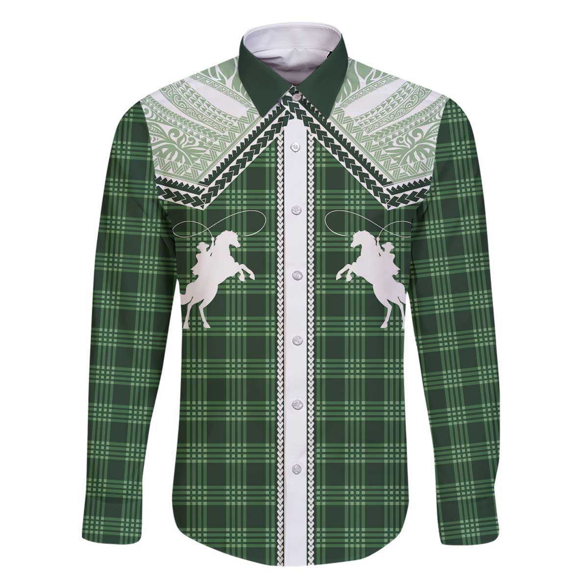 Aloha Hawaii Cowboys Paniolo Family Matching Off The Shoulder Long Sleeve Dress and Hawaiian Shirt Forest Green Palaka - Polynesian Pride