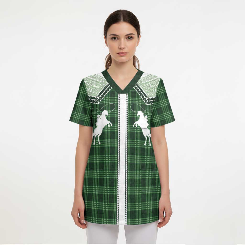 Aloha Hawaii Cowboys Paniolo Scrub Top Forest Green Palaka - Polynesian Pride