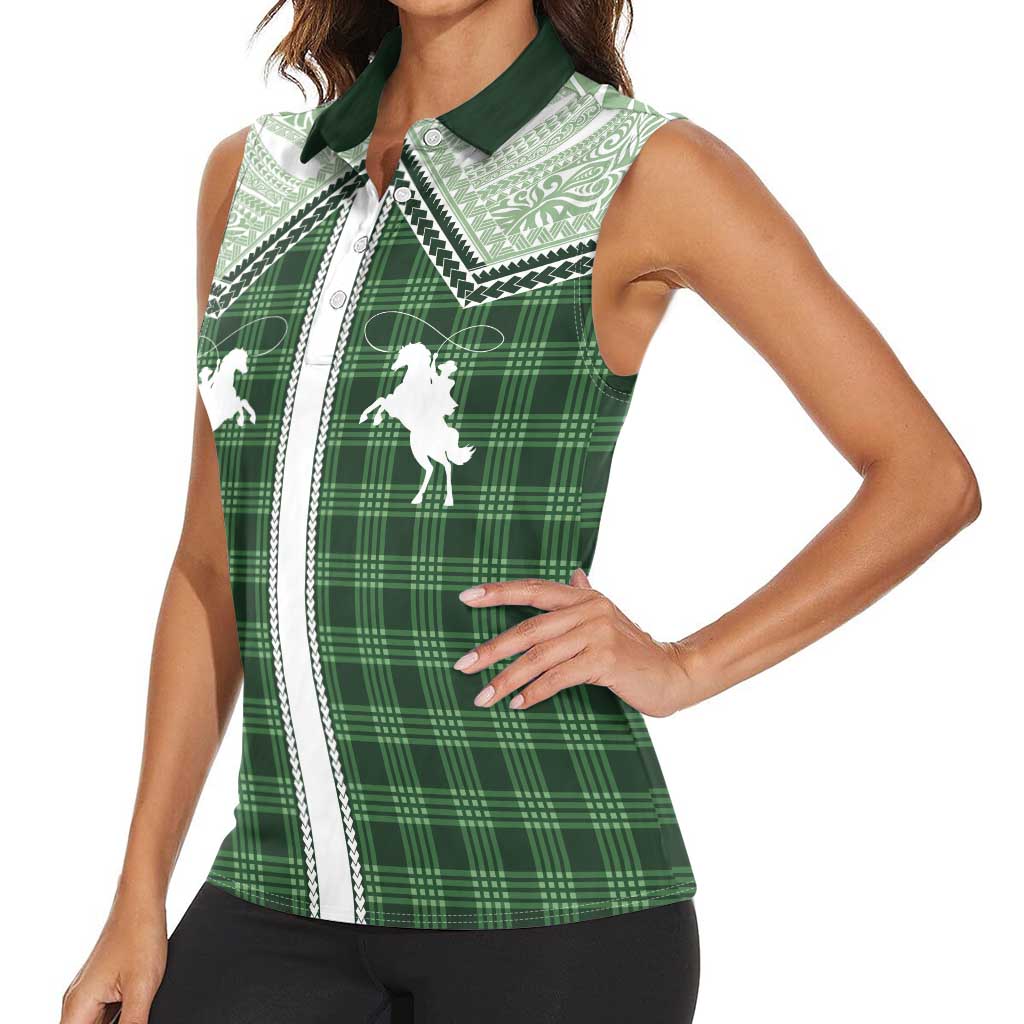 Aloha Hawaii Cowboys Paniolo Women Sleeveless Polo Shirt Forest Green Palaka - Polynesian Pride