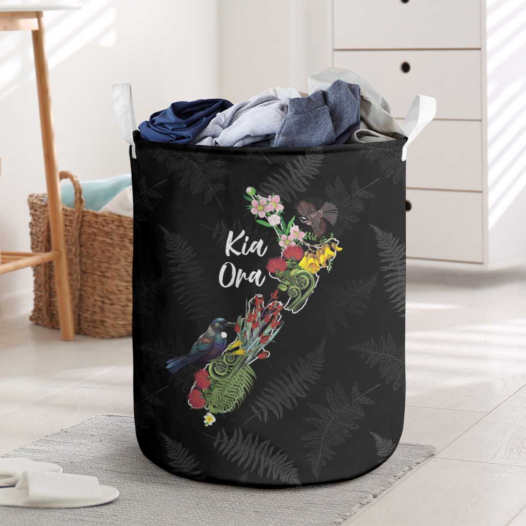 Kia Ora New Zealand Floral Laundry Basket Black - Polynesian Pride