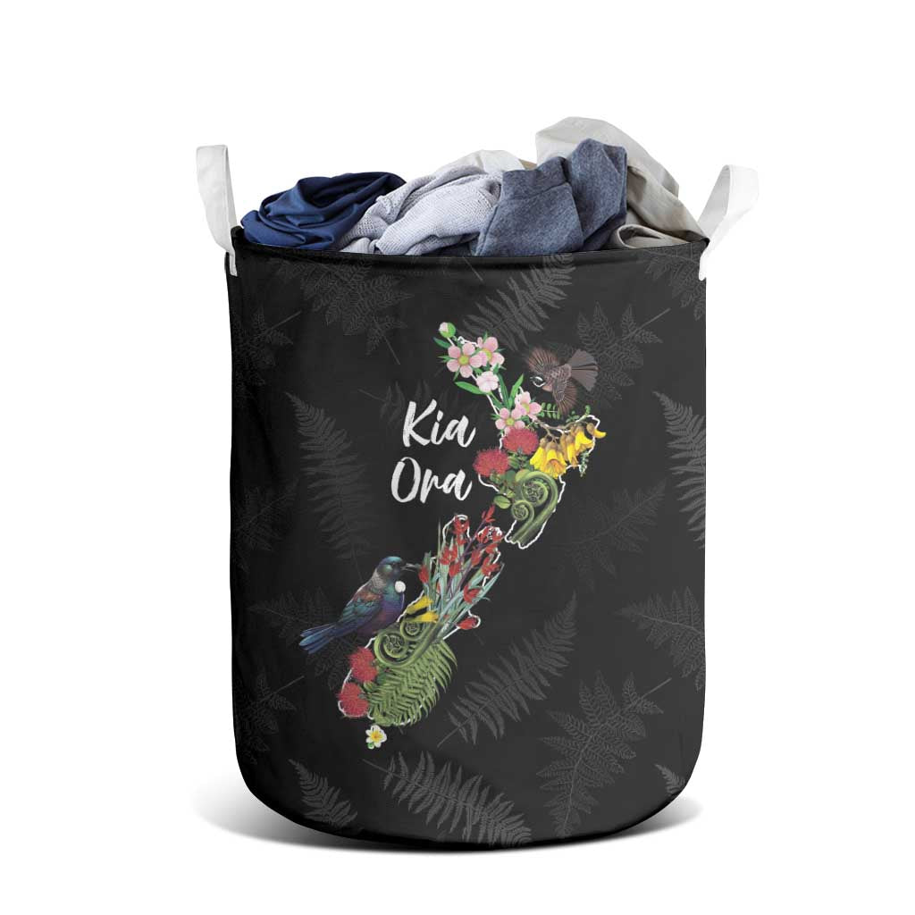Kia Ora New Zealand Floral Laundry Basket Black - Polynesian Pride
