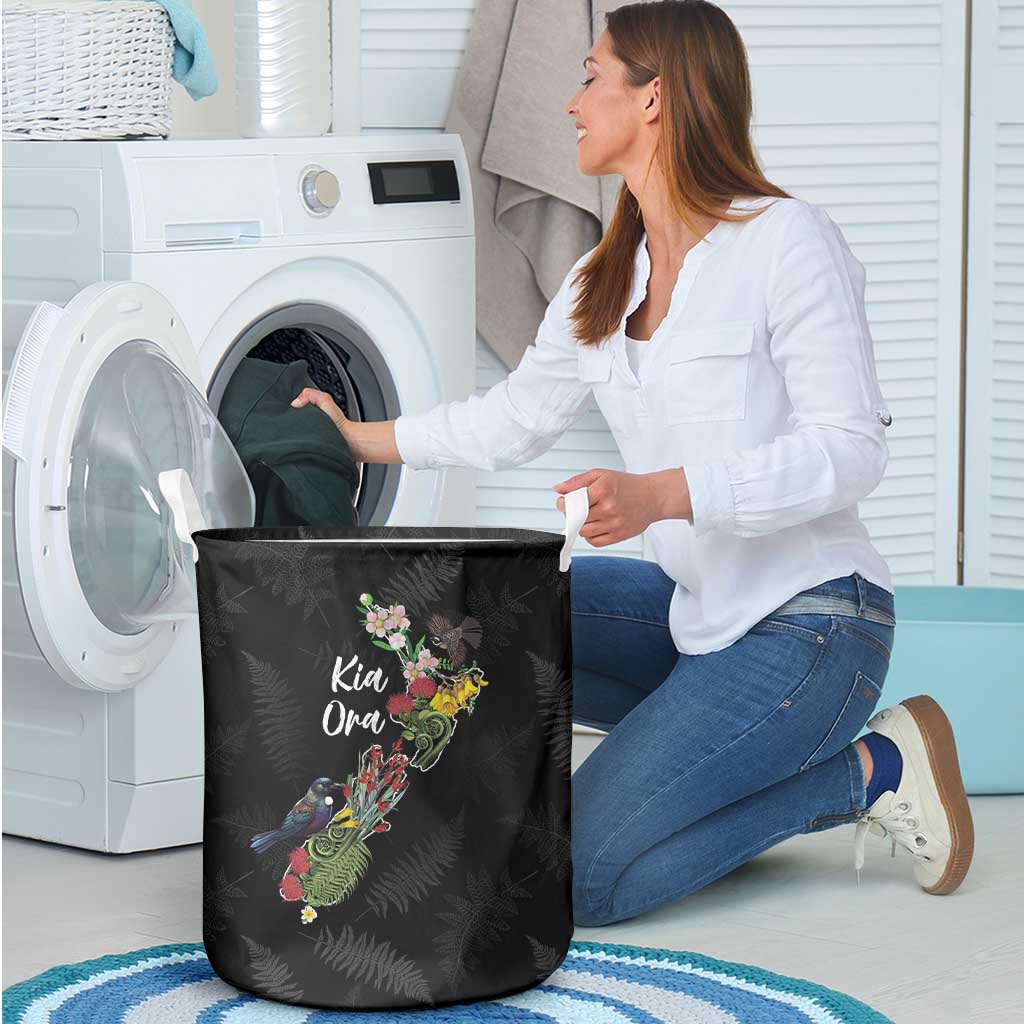 Kia Ora New Zealand Floral Laundry Basket Black - Polynesian Pride