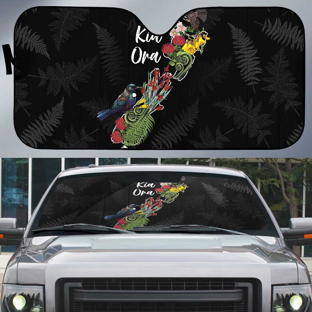 Kia Ora New Zealand Floral Auto Sun Shade Black LT7 Black - Polynesian Pride