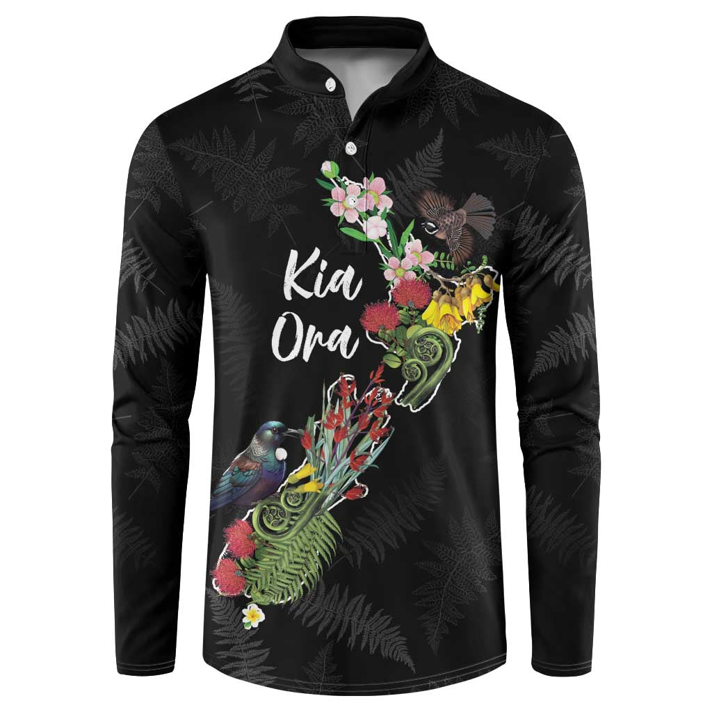 Kia Ora New Zealand Floral Personalized Button Sweatshirt Black - Polynesian Pride