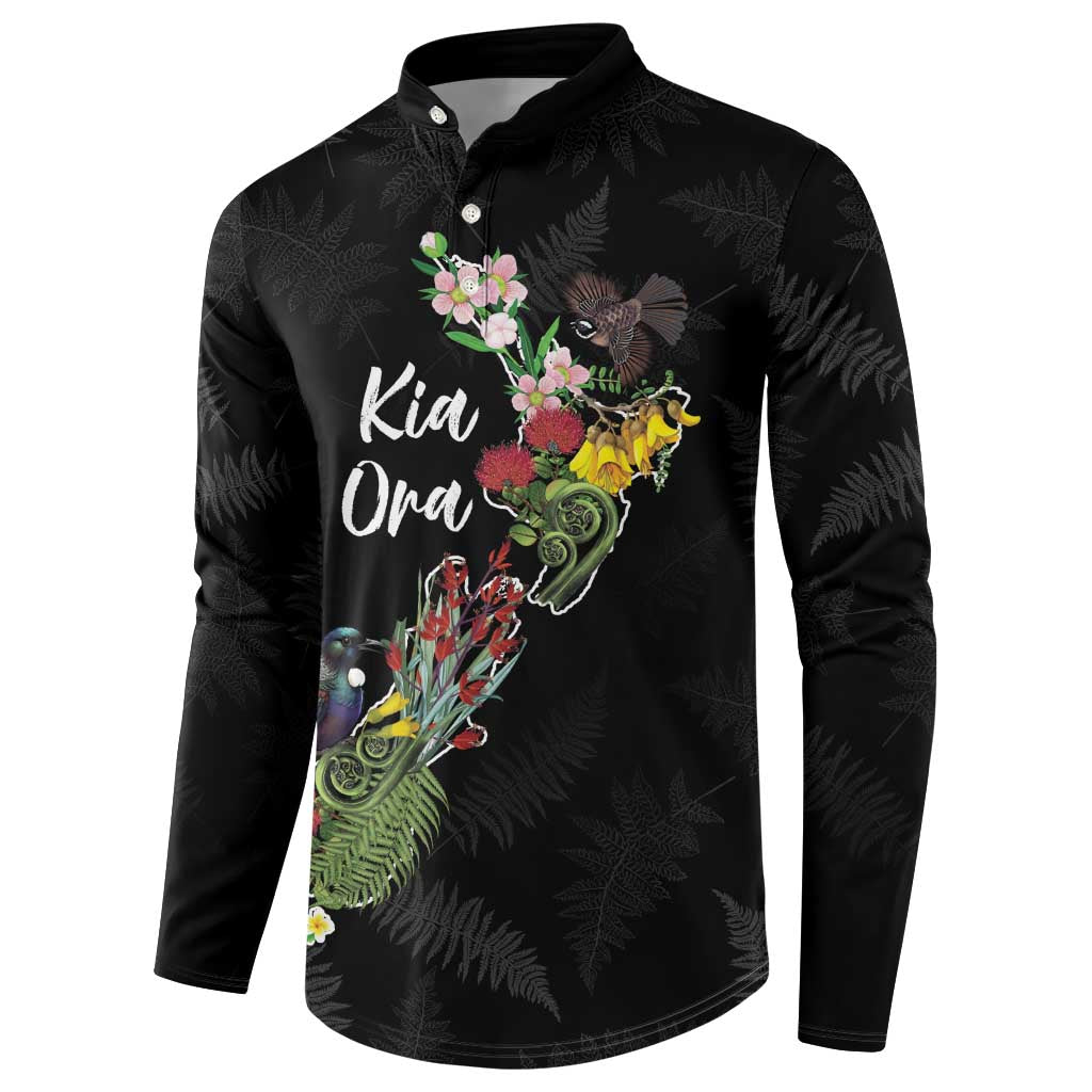 Kia Ora New Zealand Floral Personalized Button Sweatshirt Black - Polynesian Pride