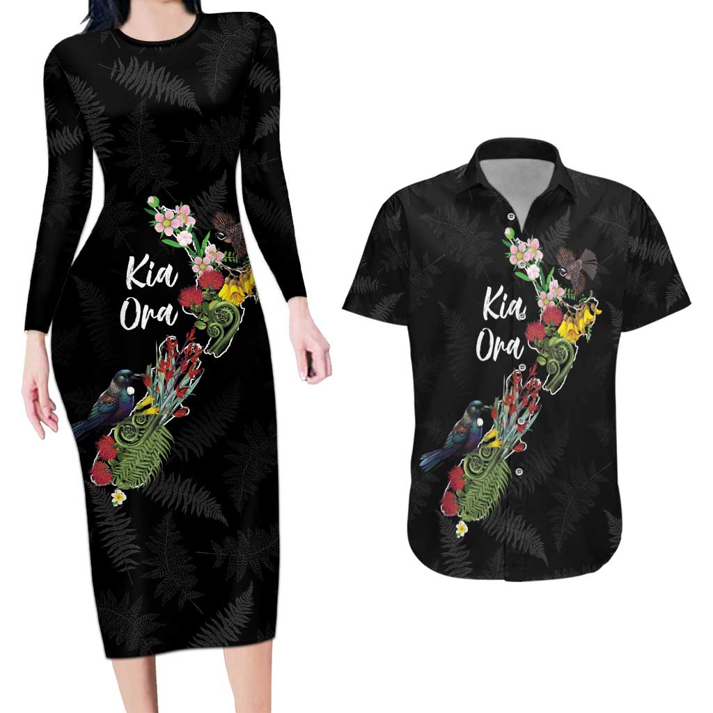 Kia Ora New Zealand Floral Personalized Couples Matching Long Sleeve Bodycon Dress and Hawaiian Shirt Black - Polynesian Pride