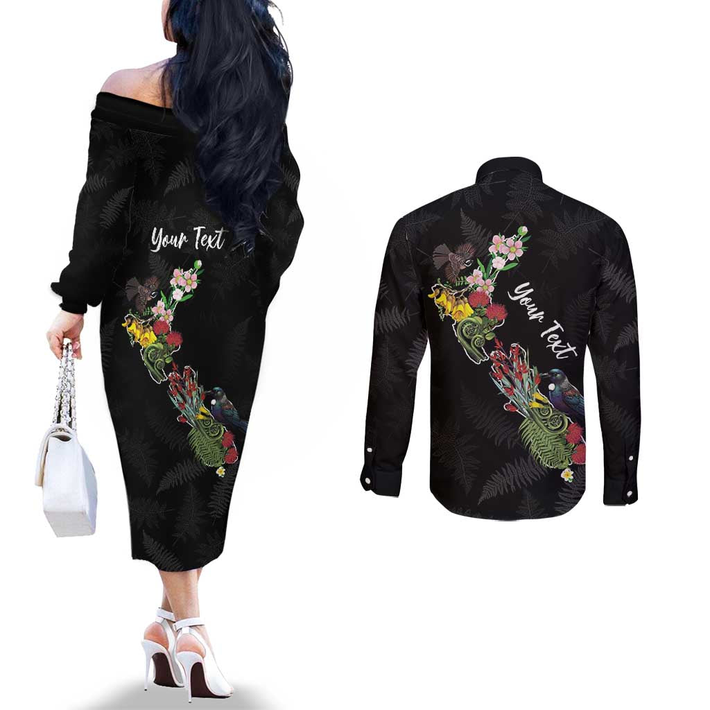 Kia Ora New Zealand Floral Personalized Couples Matching Off The Shoulder Long Sleeve Dress and Long Sleeve Button Shirt Black - Polynesian Pride