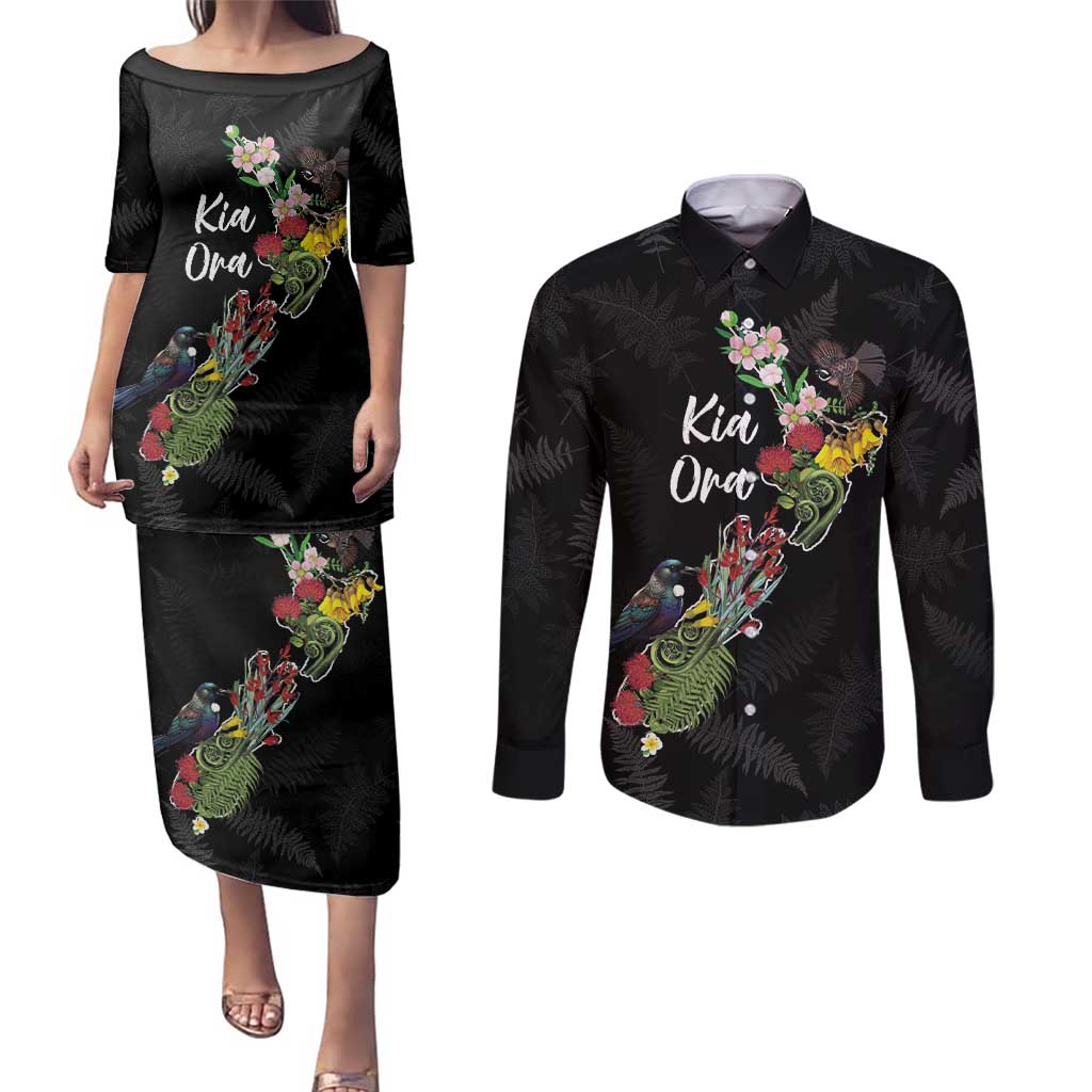 Kia Ora New Zealand Floral Personalized Couples Matching Puletasi and Long Sleeve Button Shirt Black - Polynesian Pride