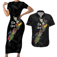 Kia Ora New Zealand Floral Personalized Couples Matching Short Sleeve Bodycon Dress and Hawaiian Shirt Black - Polynesian Pride