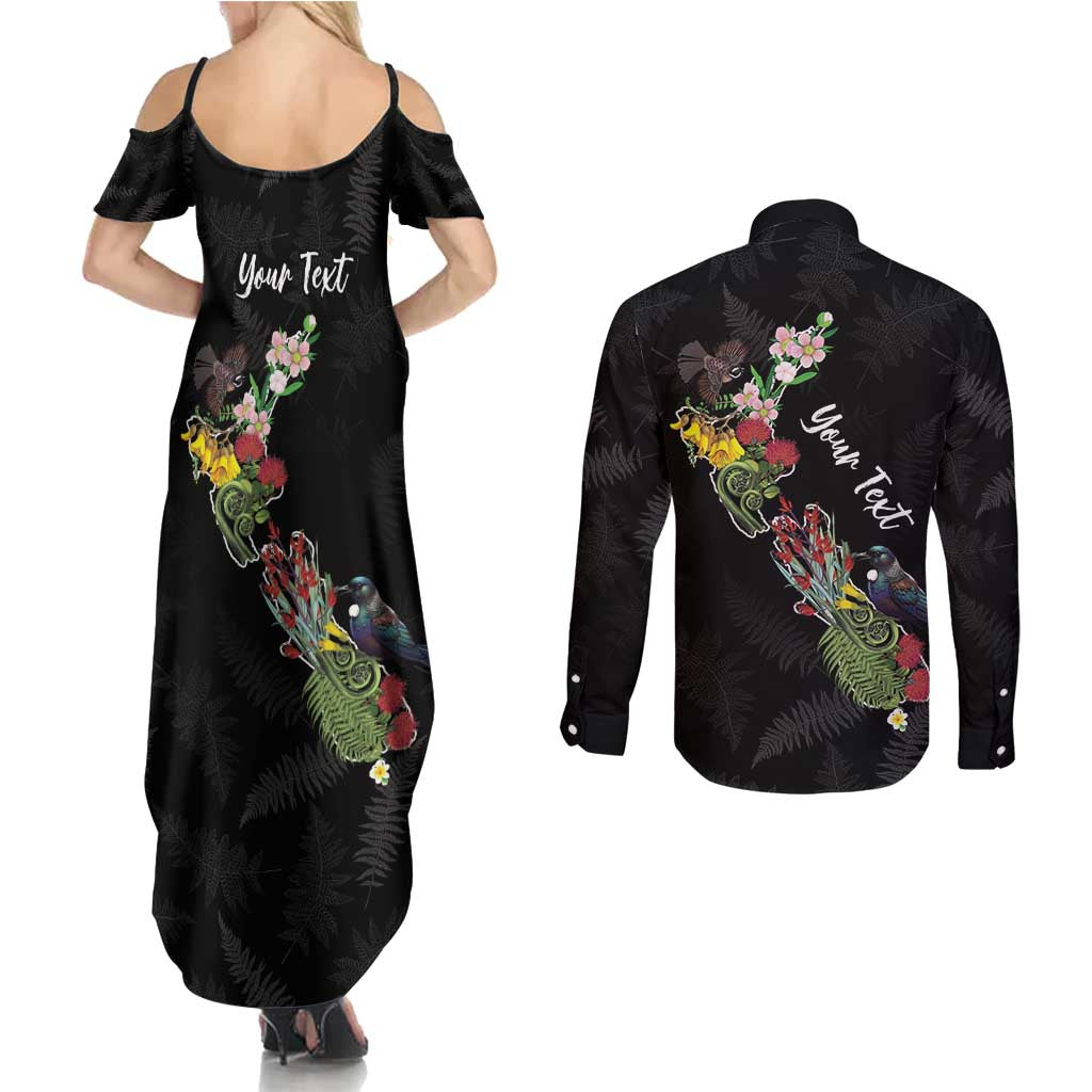 Kia Ora New Zealand Floral Personalized Couples Matching Summer Maxi Dress and Long Sleeve Button Shirt Black - Polynesian Pride