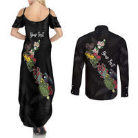 Kia Ora New Zealand Floral Personalized Couples Matching Summer Maxi Dress and Long Sleeve Button Shirt Black - Polynesian Pride