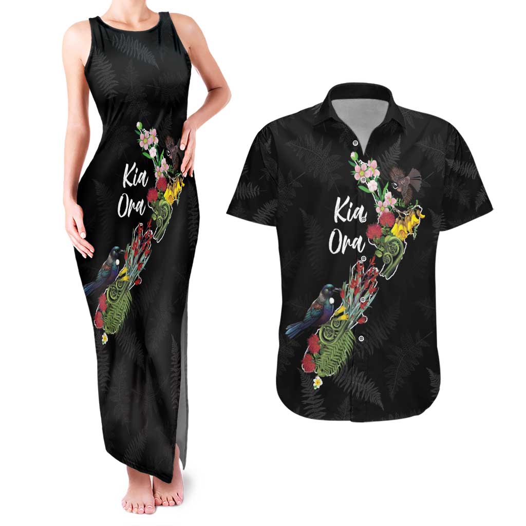 Kia Ora New Zealand Floral Personalized Couples Matching Tank Maxi Dress and Hawaiian Shirt Black - Polynesian Pride