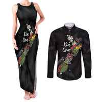 Kia Ora New Zealand Floral Personalized Couples Matching Tank Maxi Dress and Long Sleeve Button Shirt Black - Polynesian Pride