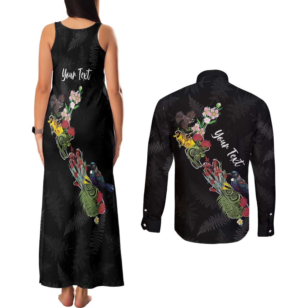 Kia Ora New Zealand Floral Personalized Couples Matching Tank Maxi Dress and Long Sleeve Button Shirt Black - Polynesian Pride