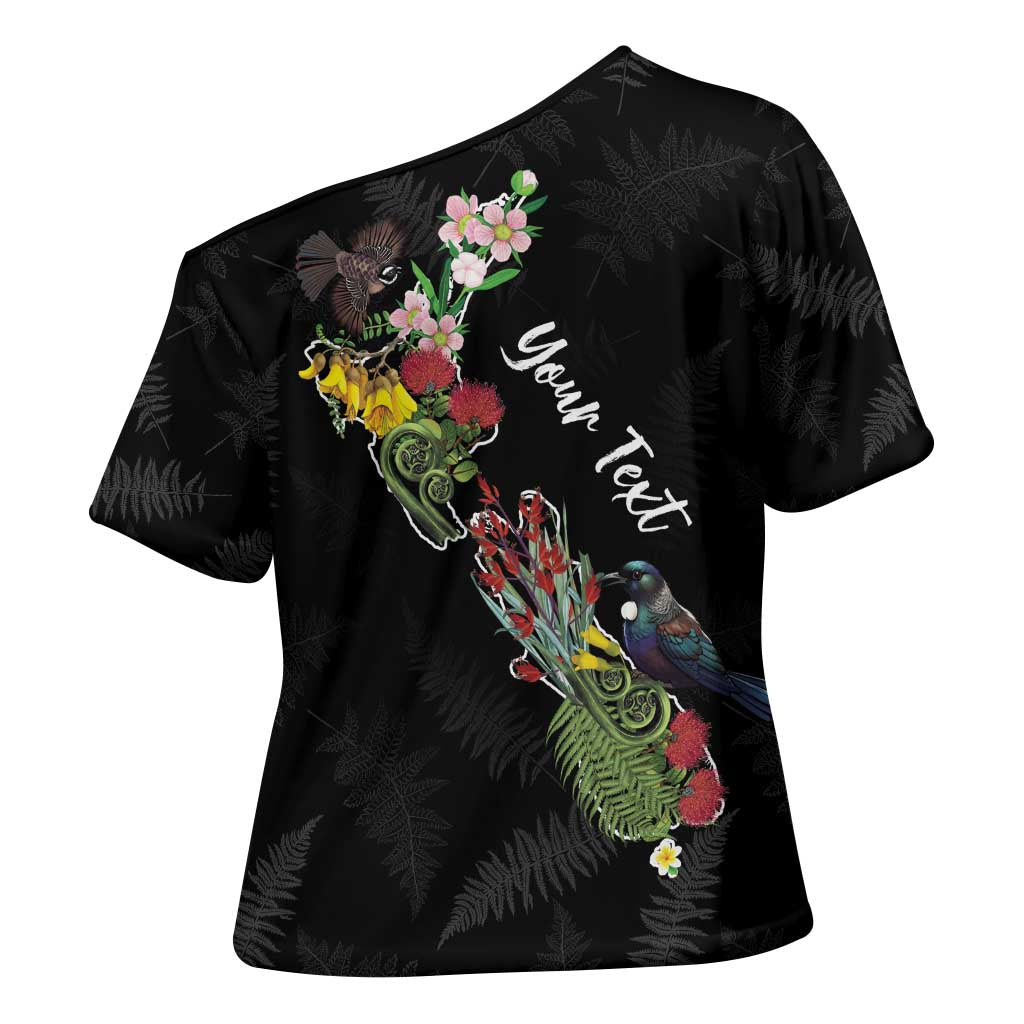 Kia Ora New Zealand Floral Personalized Cross Shoulder Shirt Black - Polynesian Pride