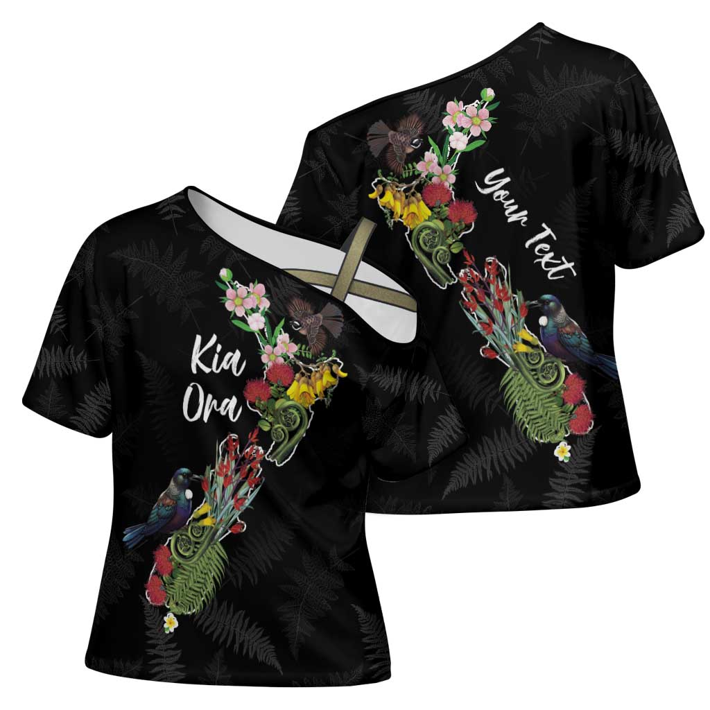 Kia Ora New Zealand Floral Personalized Cross Shoulder Shirt Black - Polynesian Pride