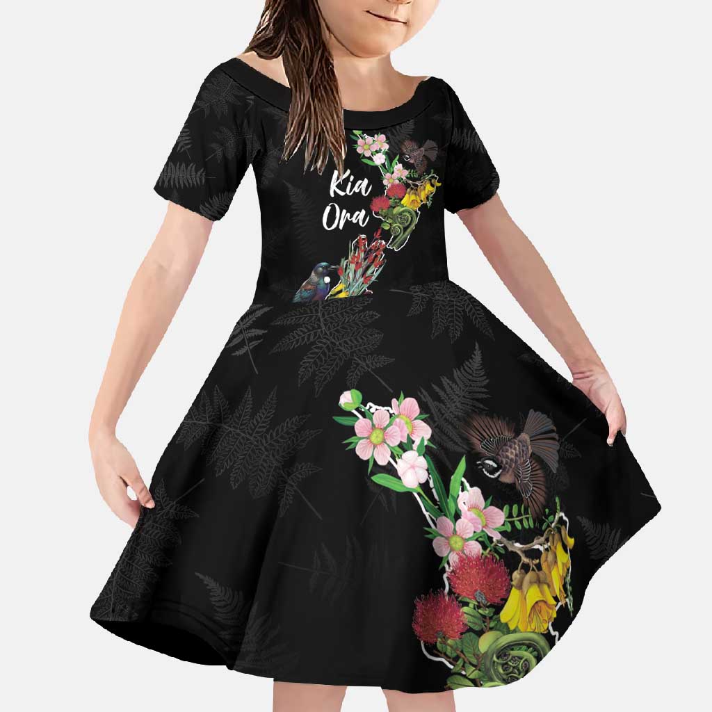 Kia Ora New Zealand Floral Personalized Family Matching Long Sleeve Bodycon Dress and Hawaiian Shirt Black - Polynesian Pride