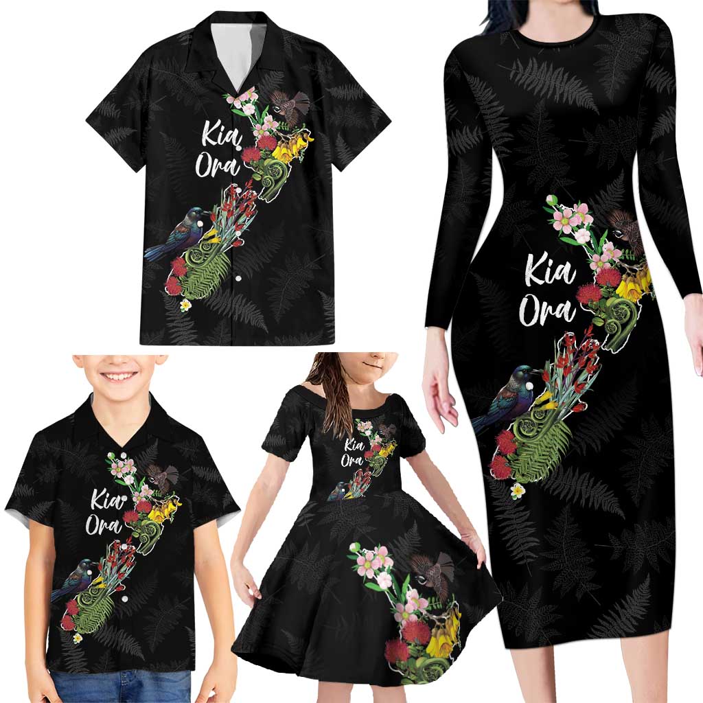 Kia Ora New Zealand Floral Personalized Family Matching Long Sleeve Bodycon Dress and Hawaiian Shirt Black - Polynesian Pride