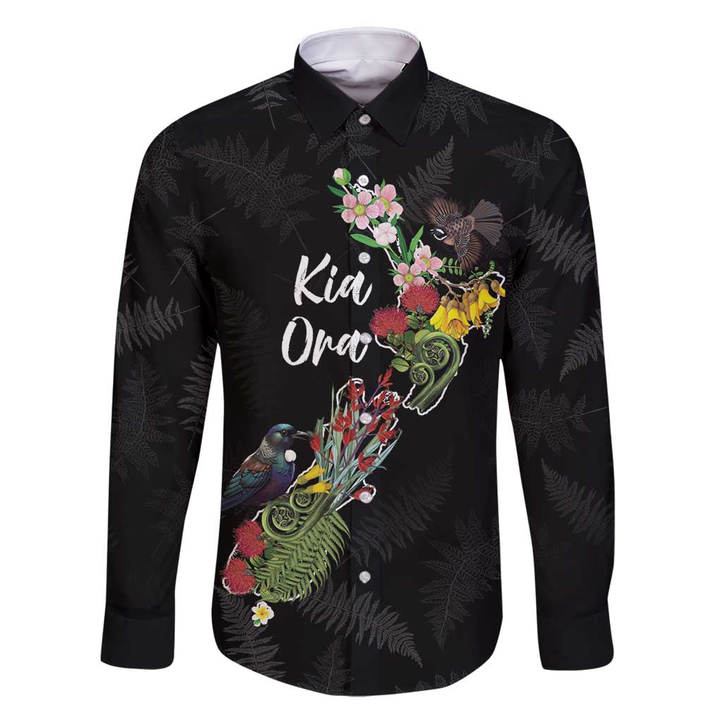 Kia Ora New Zealand Floral Personalized Family Matching Long Sleeve Bodycon Dress and Hawaiian Shirt Black - Polynesian Pride