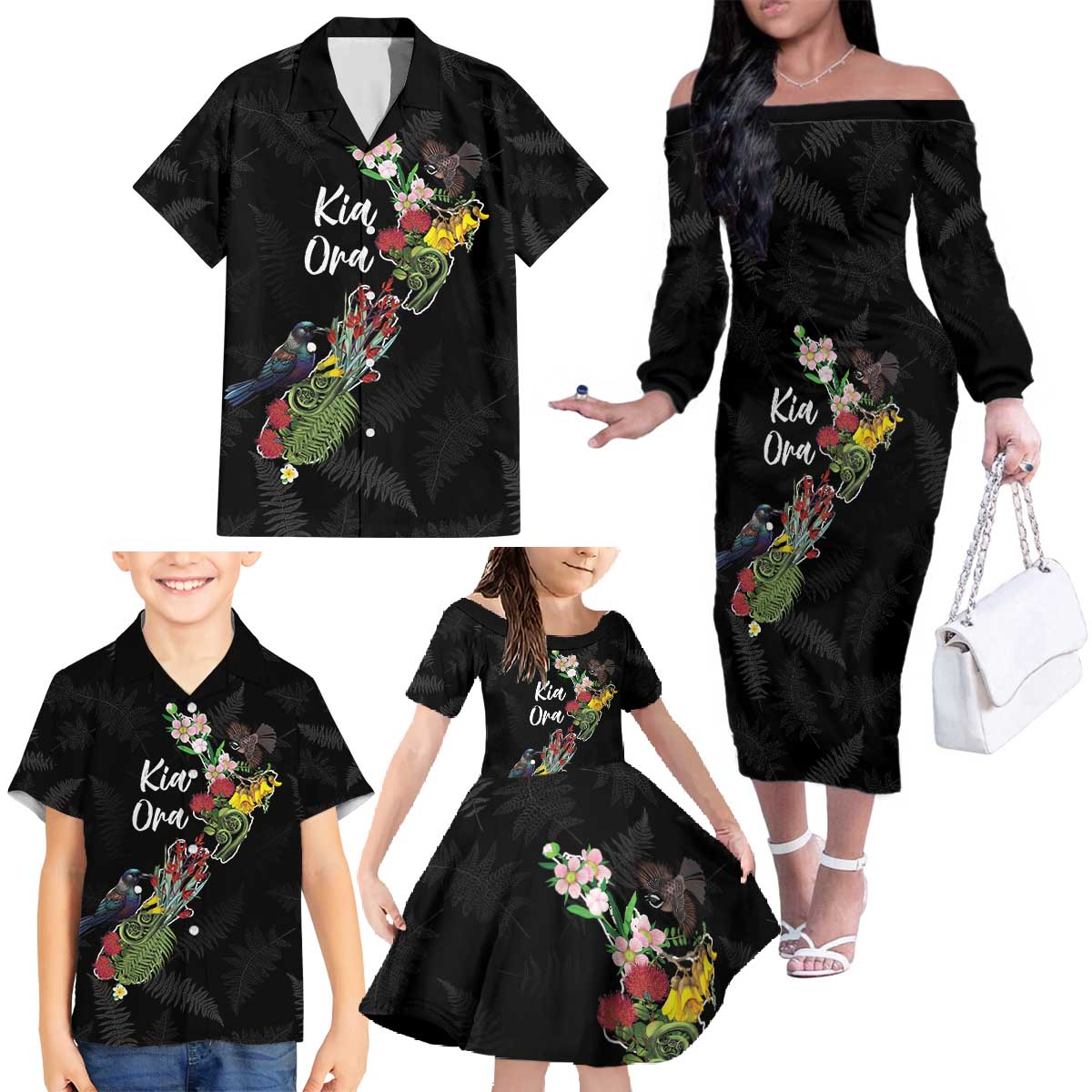 Kia Ora New Zealand Floral Personalized Family Matching Off The Shoulder Long Sleeve Dress and Hawaiian Shirt Black - Polynesian Pride