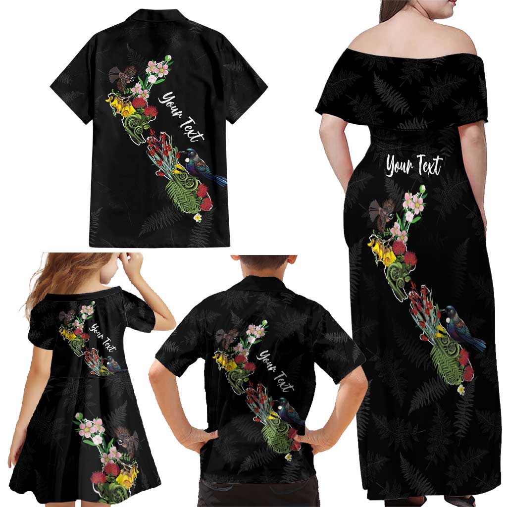Kia Ora New Zealand Floral Personalized Family Matching Off Shoulder Maxi Dress and Hawaiian Shirt Black - Polynesian Pride