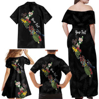 Kia Ora New Zealand Floral Personalized Family Matching Off Shoulder Maxi Dress and Hawaiian Shirt Black - Polynesian Pride
