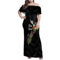 Kia Ora New Zealand Floral Personalized Family Matching Off Shoulder Maxi Dress and Hawaiian Shirt Black - Polynesian Pride
