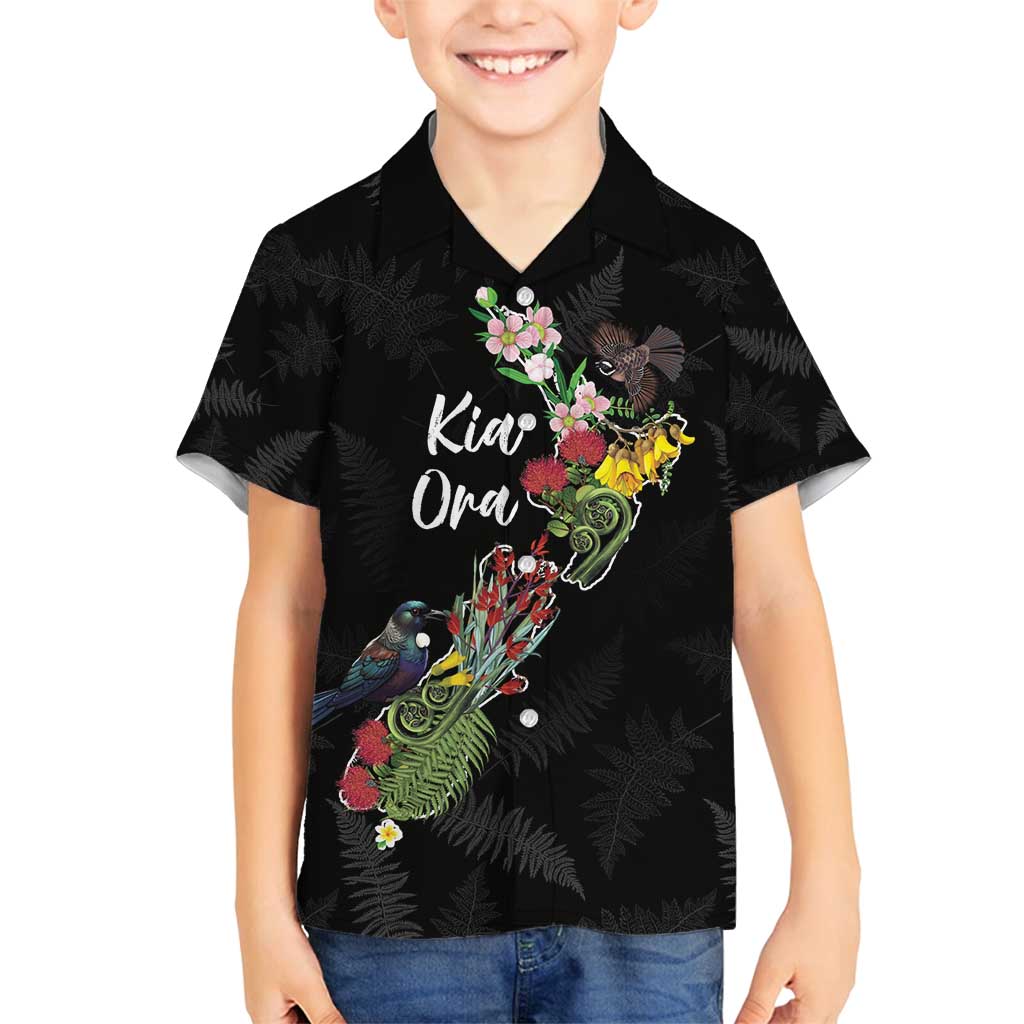 Kia Ora New Zealand Floral Personalized Family Matching Off Shoulder Maxi Dress and Hawaiian Shirt Black - Polynesian Pride