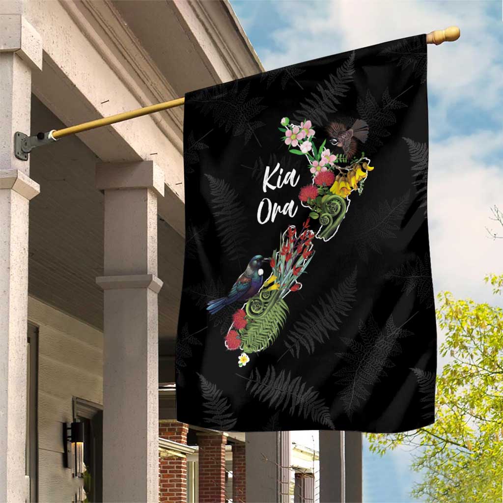 Kia Ora New Zealand Floral Garden Flag Black - Polynesian Pride