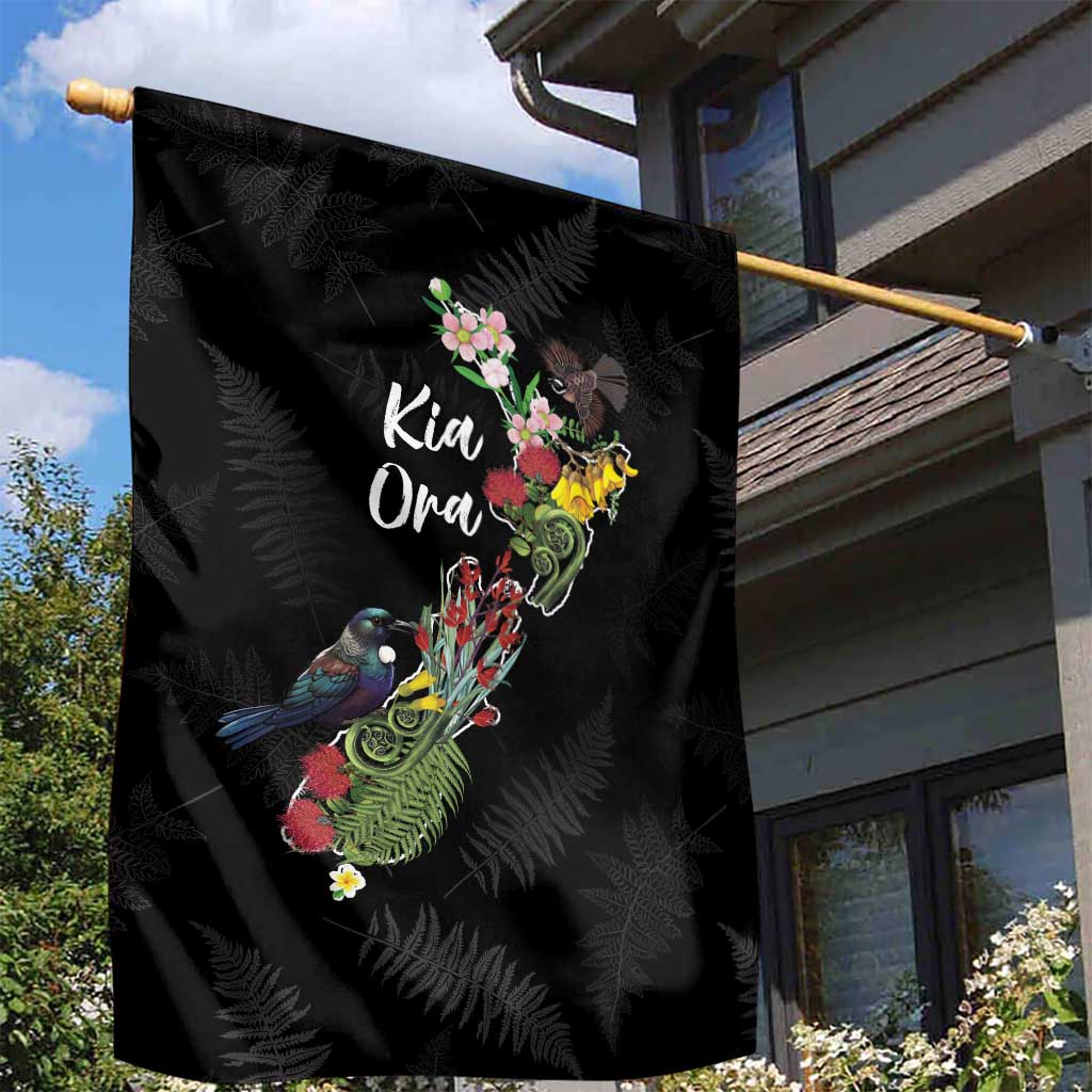 Kia Ora New Zealand Floral Garden Flag Black - Polynesian Pride