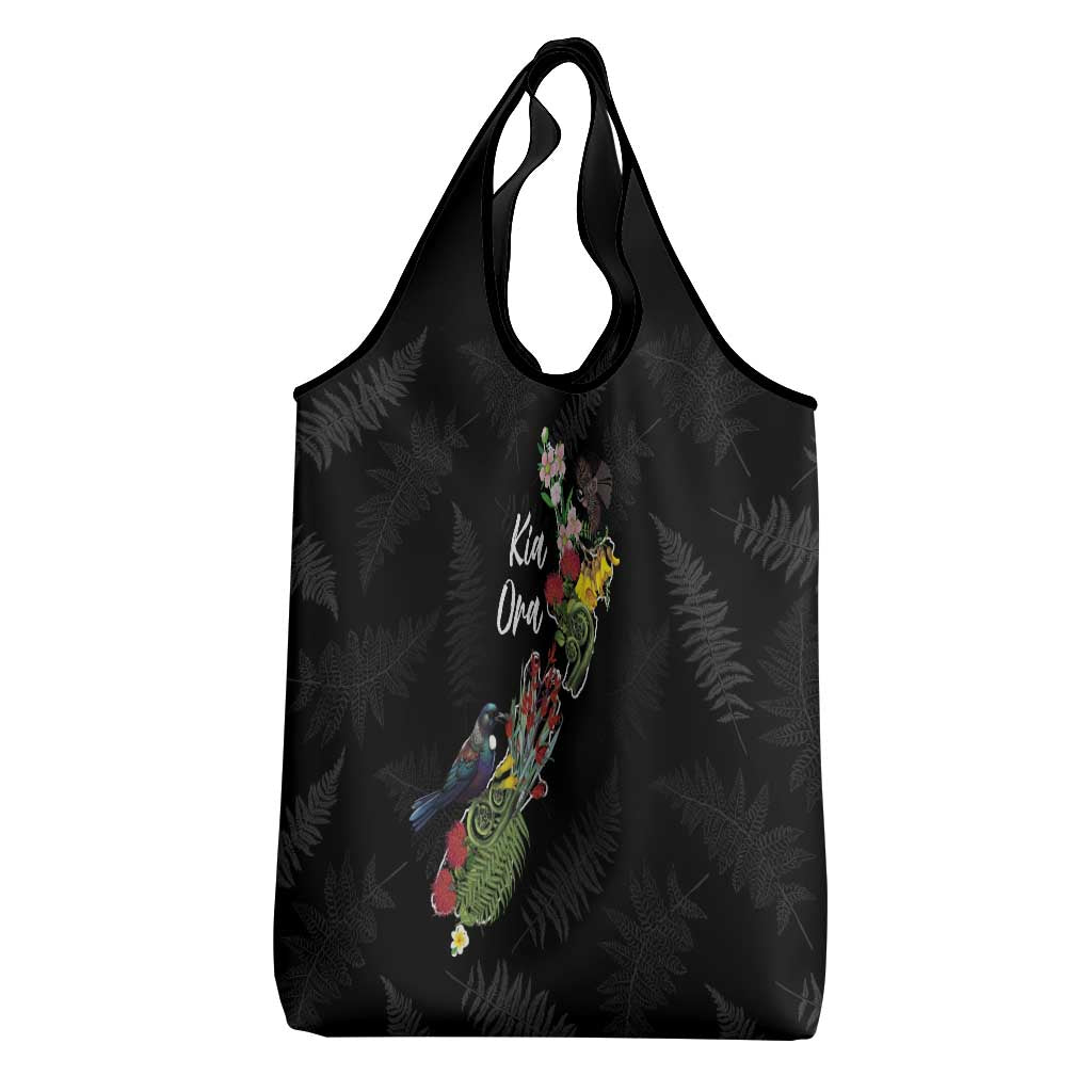 Kia Ora New Zealand Floral Grocery Bag Black - Polynesian Pride