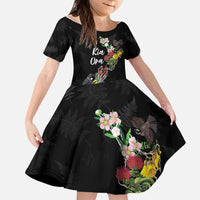 Kia Ora New Zealand Floral Personalized Kid Short Sleeve Dress Black - Polynesian Pride