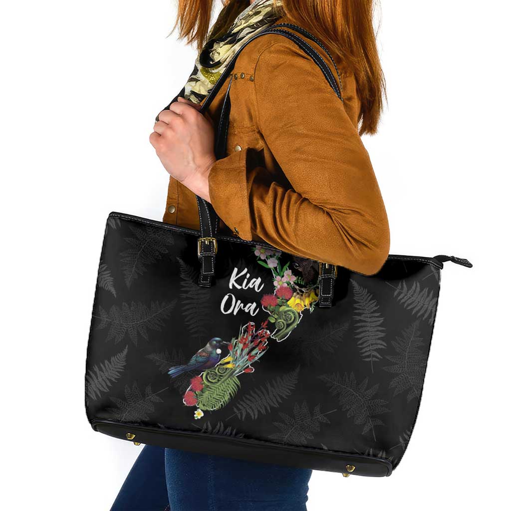 Kia Ora New Zealand Floral Leather Tote Bag Black - Polynesian Pride
