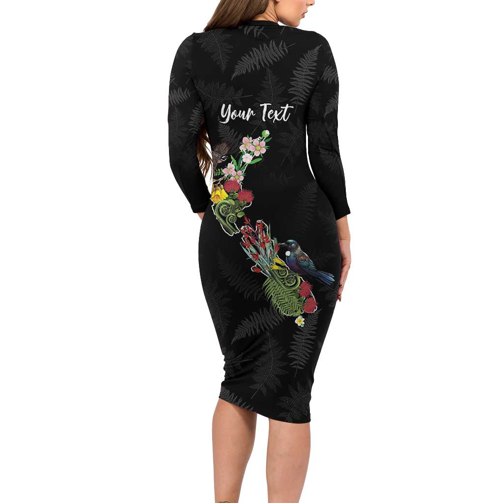Kia Ora New Zealand Floral Personalized Long Sleeve Bodycon Dress Black - Polynesian Pride