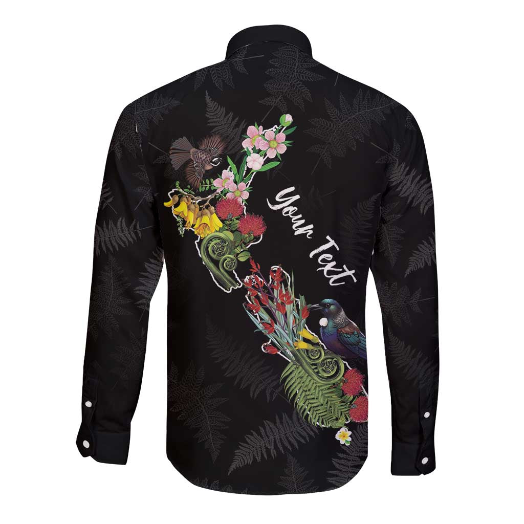 Kia Ora New Zealand Floral Personalized Long Sleeve Button Shirt Black - Polynesian Pride