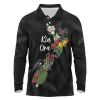 Kia Ora New Zealand Floral Personalized Long Sleeve Polo Shirt Black - Polynesian Pride