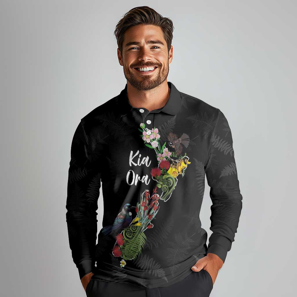 Kia Ora New Zealand Floral Personalized Long Sleeve Polo Shirt Black - Polynesian Pride