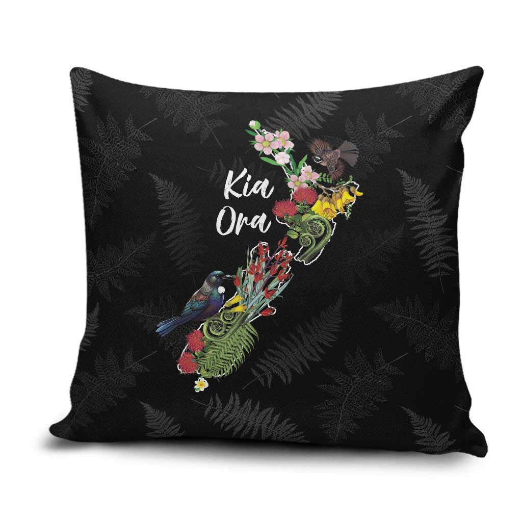Kia Ora New Zealand Floral Pillow Cover Black - Polynesian Pride